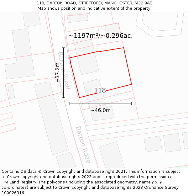 118, BARTON ROAD, STRETFORD, MANCHESTER, M32 9AE: Plot and title map