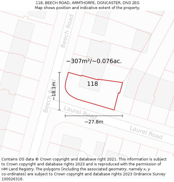 118, BEECH ROAD, ARMTHORPE, DONCASTER, DN3 2EG: Plot and title map