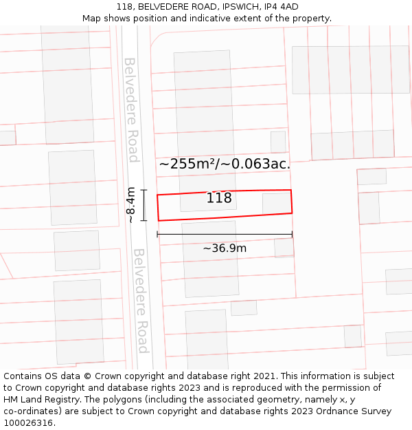 118, BELVEDERE ROAD, IPSWICH, IP4 4AD: Plot and title map