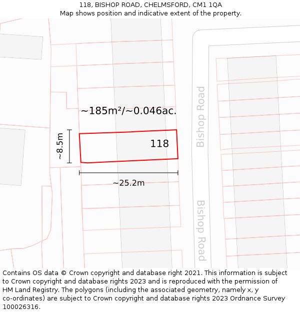 118, BISHOP ROAD, CHELMSFORD, CM1 1QA: Plot and title map
