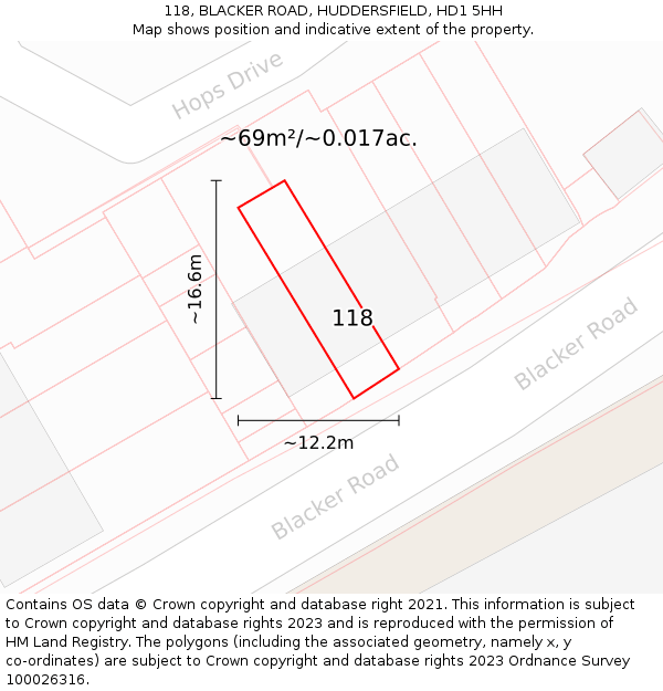 118, BLACKER ROAD, HUDDERSFIELD, HD1 5HH: Plot and title map