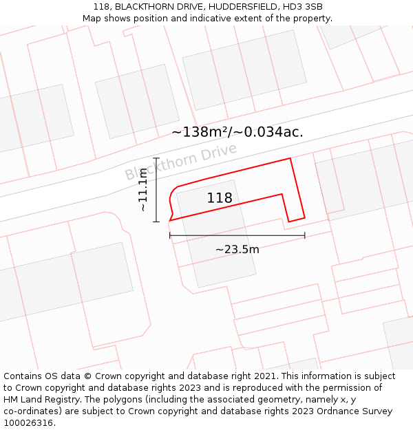 118, BLACKTHORN DRIVE, HUDDERSFIELD, HD3 3SB: Plot and title map