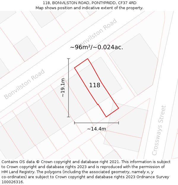 118, BONVILSTON ROAD, PONTYPRIDD, CF37 4RD: Plot and title map
