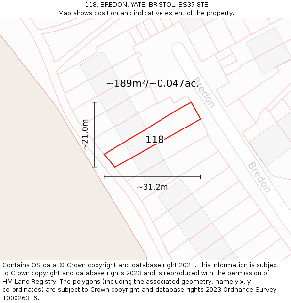 118, BREDON, YATE, BRISTOL, BS37 8TE: Plot and title map
