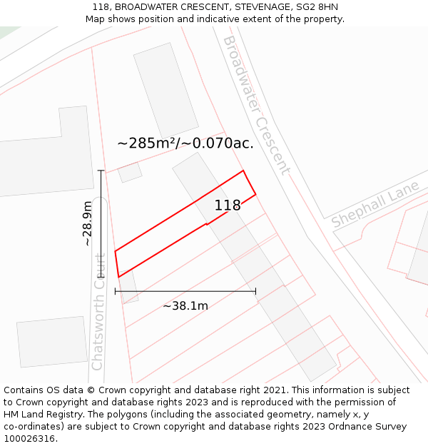 118, BROADWATER CRESCENT, STEVENAGE, SG2 8HN: Plot and title map