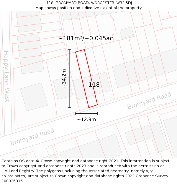 118, BROMYARD ROAD, WORCESTER, WR2 5DJ: Plot and title map