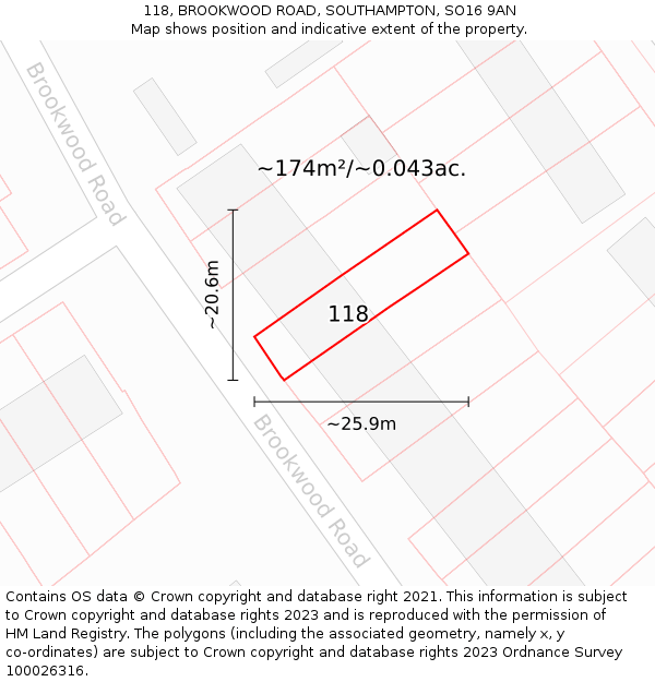 118, BROOKWOOD ROAD, SOUTHAMPTON, SO16 9AN: Plot and title map
