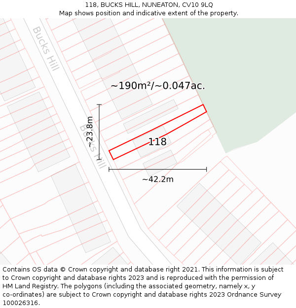 118, BUCKS HILL, NUNEATON, CV10 9LQ: Plot and title map