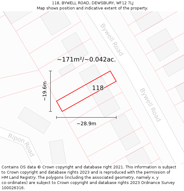 118, BYWELL ROAD, DEWSBURY, WF12 7LJ: Plot and title map