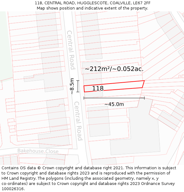 118, CENTRAL ROAD, HUGGLESCOTE, COALVILLE, LE67 2FF: Plot and title map