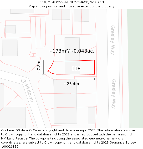 118, CHALKDOWN, STEVENAGE, SG2 7BN: Plot and title map