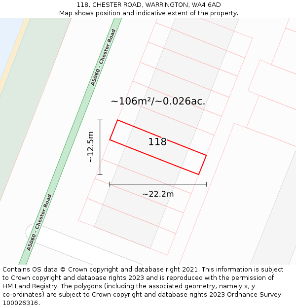 118, CHESTER ROAD, WARRINGTON, WA4 6AD: Plot and title map