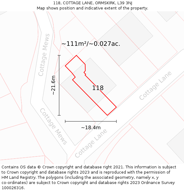 118, COTTAGE LANE, ORMSKIRK, L39 3NJ: Plot and title map