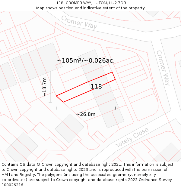 118, CROMER WAY, LUTON, LU2 7DB: Plot and title map
