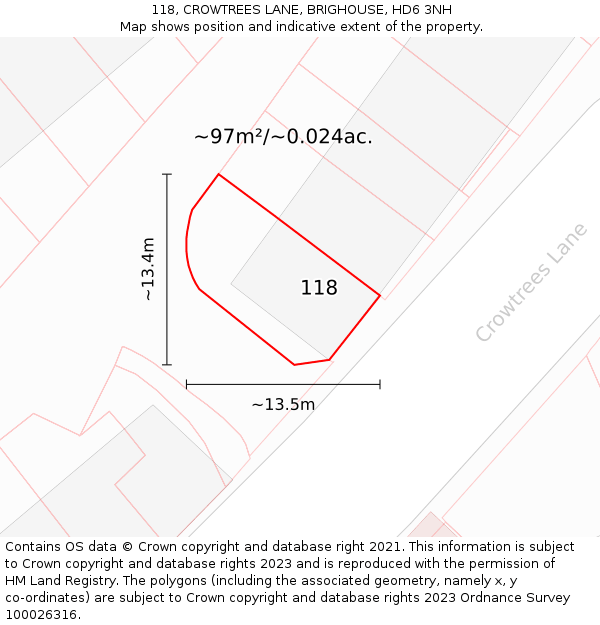 118, CROWTREES LANE, BRIGHOUSE, HD6 3NH: Plot and title map