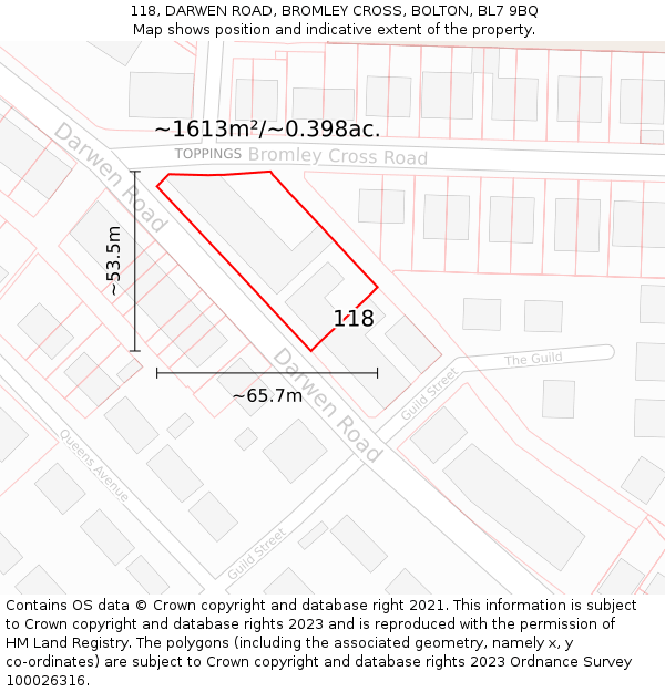 118, DARWEN ROAD, BROMLEY CROSS, BOLTON, BL7 9BQ: Plot and title map