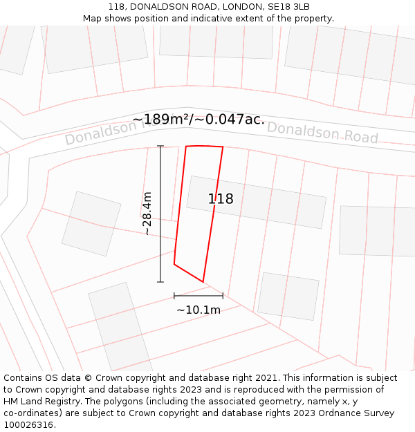 118, DONALDSON ROAD, LONDON, SE18 3LB: Plot and title map