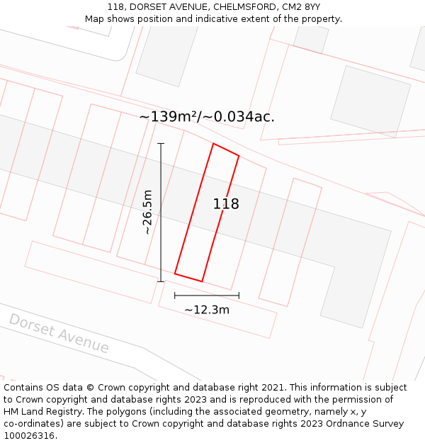 118, DORSET AVENUE, CHELMSFORD, CM2 8YY: Plot and title map