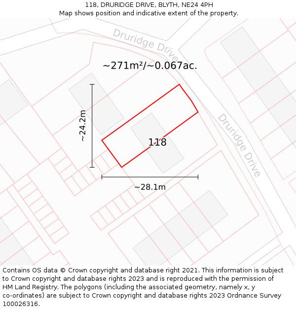 118, DRURIDGE DRIVE, BLYTH, NE24 4PH: Plot and title map