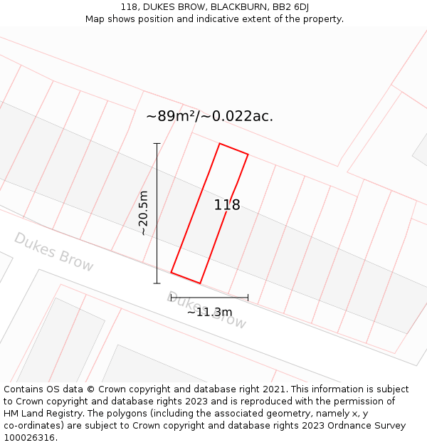 118, DUKES BROW, BLACKBURN, BB2 6DJ: Plot and title map