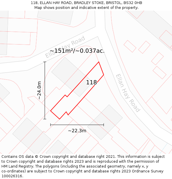 118, ELLAN HAY ROAD, BRADLEY STOKE, BRISTOL, BS32 0HB: Plot and title map