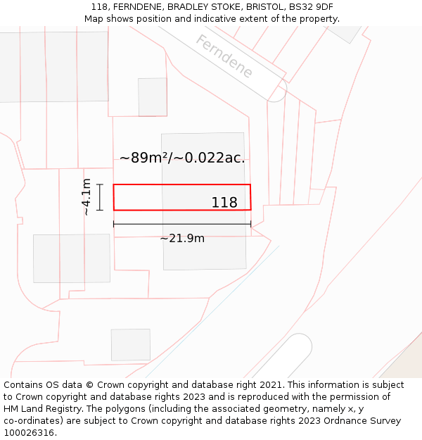 118, FERNDENE, BRADLEY STOKE, BRISTOL, BS32 9DF: Plot and title map