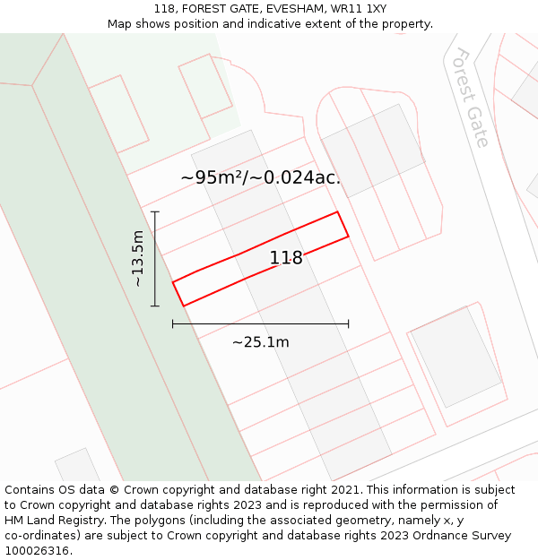 118, FOREST GATE, EVESHAM, WR11 1XY: Plot and title map