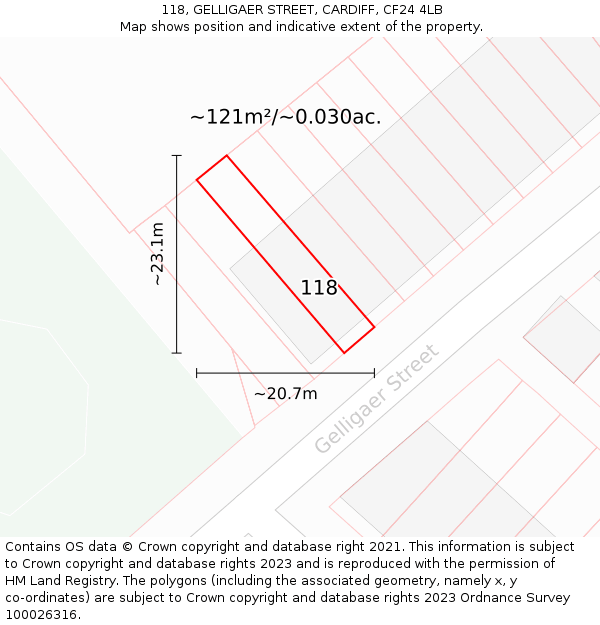 118, GELLIGAER STREET, CARDIFF, CF24 4LB: Plot and title map
