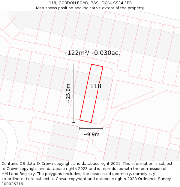 118, GORDON ROAD, BASILDON, SS14 1PR: Plot and title map