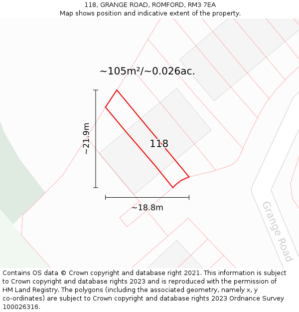 118, GRANGE ROAD, ROMFORD, RM3 7EA: Plot and title map