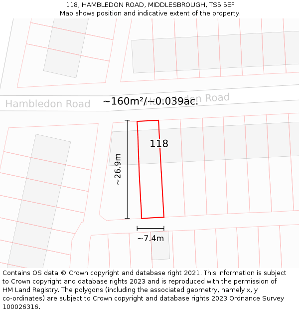 118, HAMBLEDON ROAD, MIDDLESBROUGH, TS5 5EF: Plot and title map