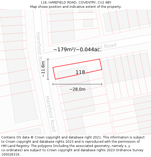 118, HAREFIELD ROAD, COVENTRY, CV2 4BY: Plot and title map
