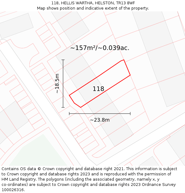 118, HELLIS WARTHA, HELSTON, TR13 8WF: Plot and title map