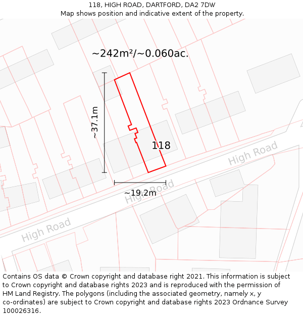 118, HIGH ROAD, DARTFORD, DA2 7DW: Plot and title map