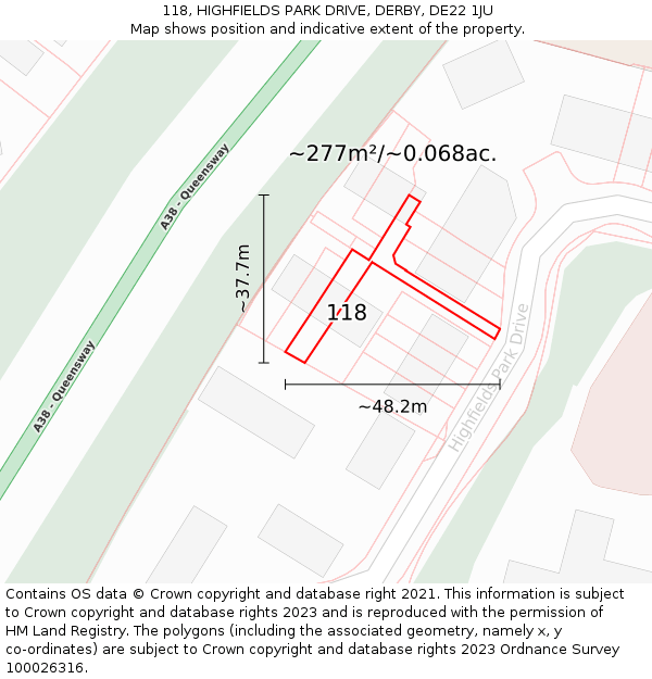 118, HIGHFIELDS PARK DRIVE, DERBY, DE22 1JU: Plot and title map