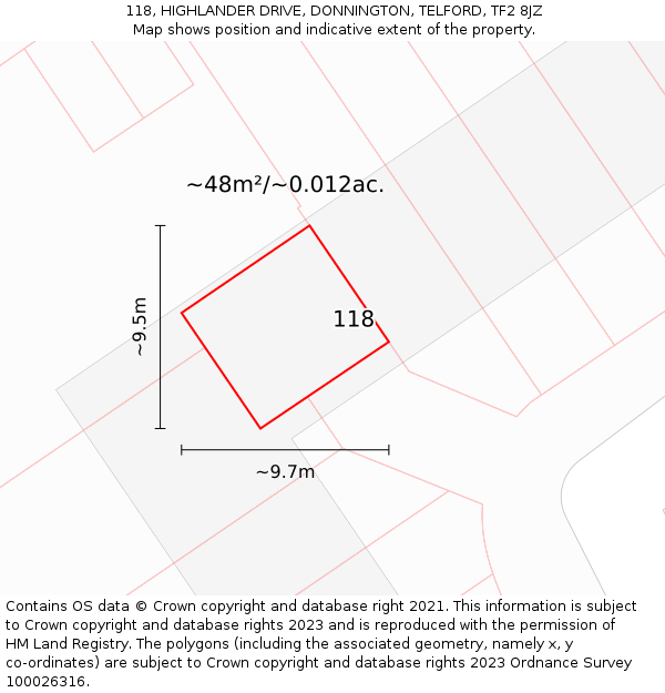 118, HIGHLANDER DRIVE, DONNINGTON, TELFORD, TF2 8JZ: Plot and title map