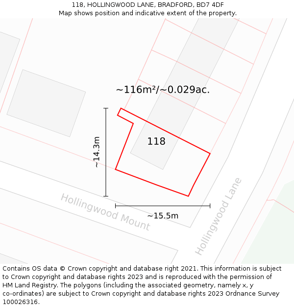 118, HOLLINGWOOD LANE, BRADFORD, BD7 4DF: Plot and title map