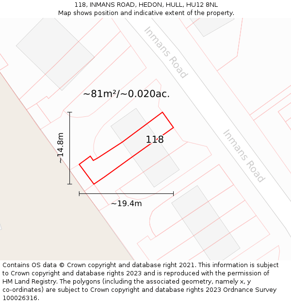 118, INMANS ROAD, HEDON, HULL, HU12 8NL: Plot and title map