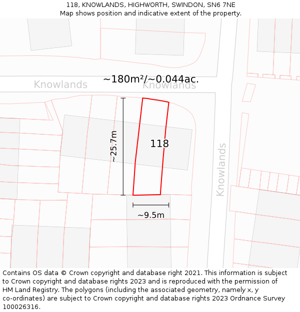 118, KNOWLANDS, HIGHWORTH, SWINDON, SN6 7NE: Plot and title map