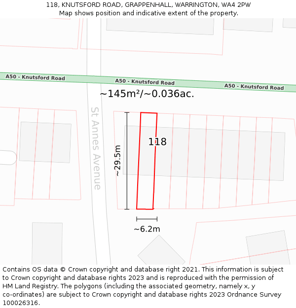 118, KNUTSFORD ROAD, GRAPPENHALL, WARRINGTON, WA4 2PW: Plot and title map