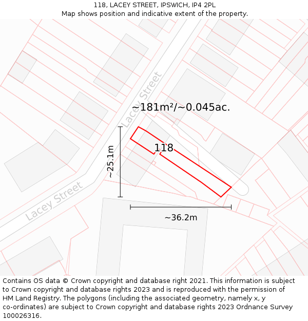118, LACEY STREET, IPSWICH, IP4 2PL: Plot and title map