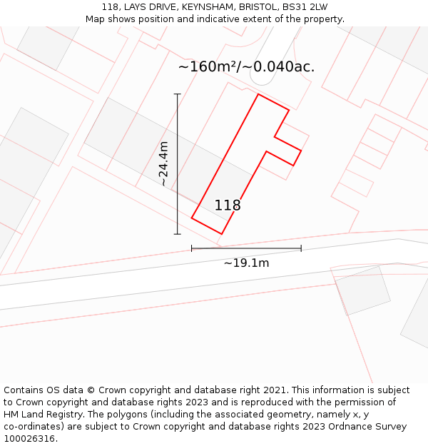 118, LAYS DRIVE, KEYNSHAM, BRISTOL, BS31 2LW: Plot and title map