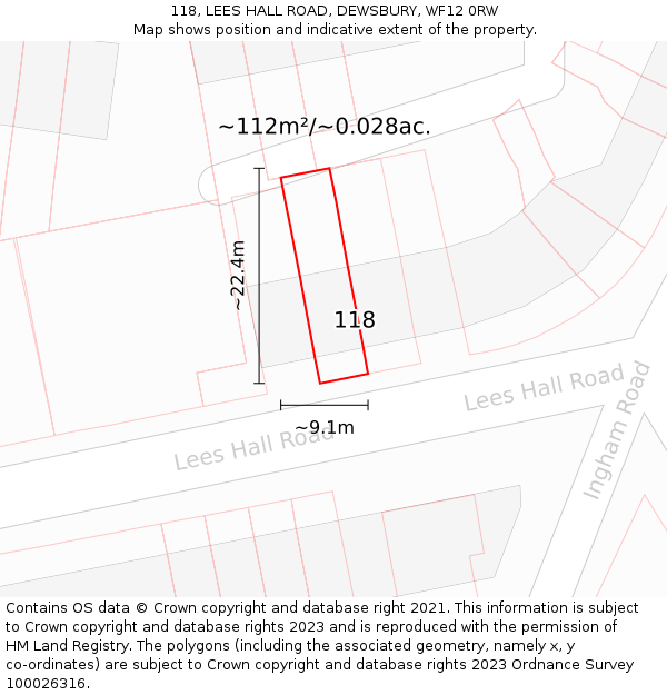 118, LEES HALL ROAD, DEWSBURY, WF12 0RW: Plot and title map