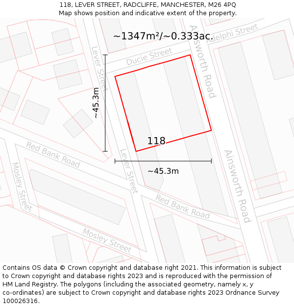 118, LEVER STREET, RADCLIFFE, MANCHESTER, M26 4PQ: Plot and title map