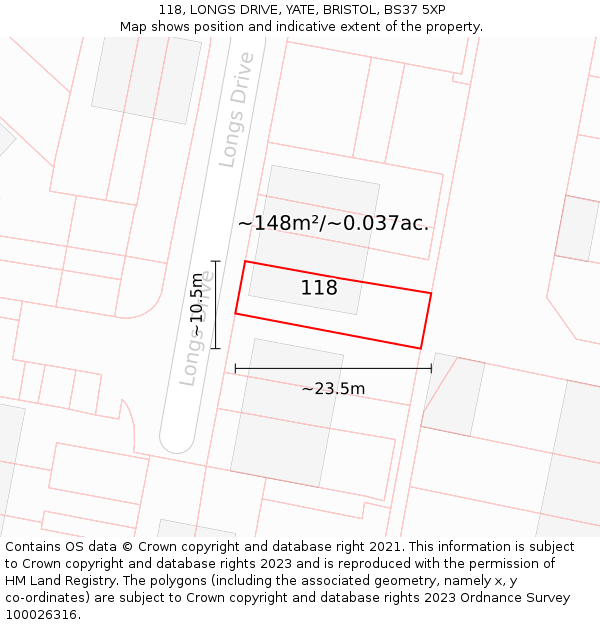 118, LONGS DRIVE, YATE, BRISTOL, BS37 5XP: Plot and title map