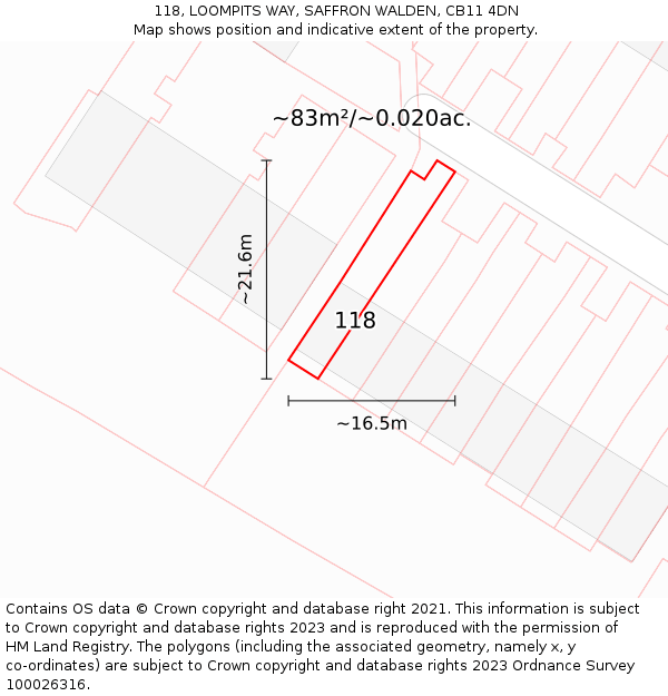118, LOOMPITS WAY, SAFFRON WALDEN, CB11 4DN: Plot and title map