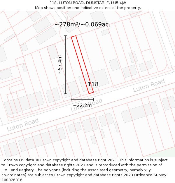 118, LUTON ROAD, DUNSTABLE, LU5 4JW: Plot and title map