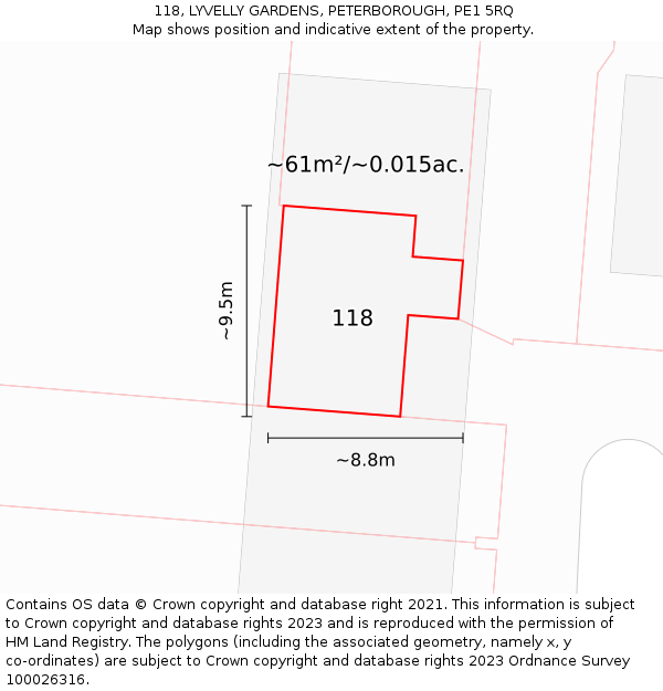 118, LYVELLY GARDENS, PETERBOROUGH, PE1 5RQ: Plot and title map