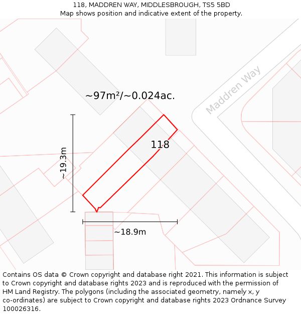 118, MADDREN WAY, MIDDLESBROUGH, TS5 5BD: Plot and title map
