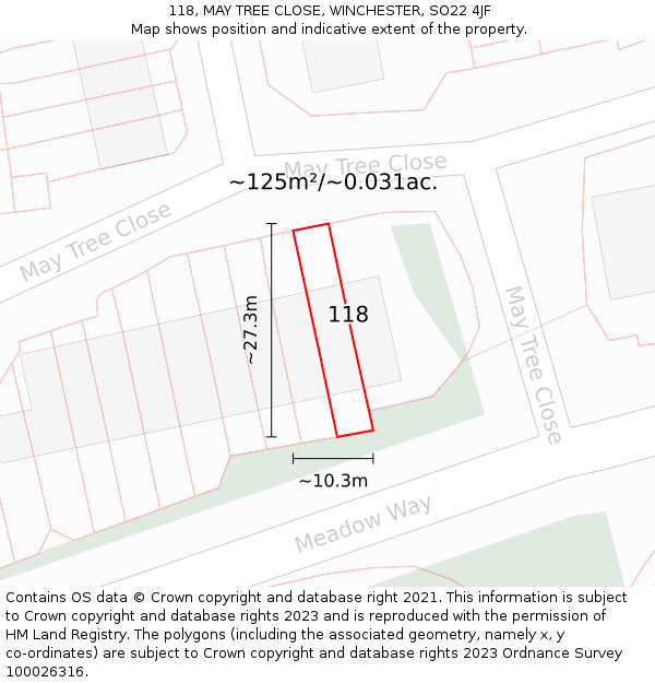 118, MAY TREE CLOSE, WINCHESTER, SO22 4JF: Plot and title map